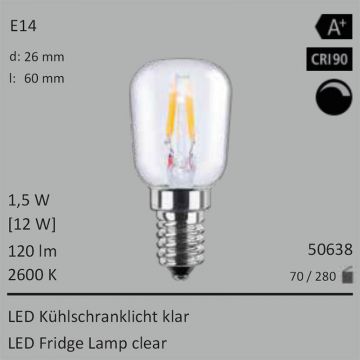  50638 - 1,5W=12W LED Khlschranklicht klar E14 120Lm 360 Ra>90 2600K dimmbar  9.08GBP - 10.09GBP  