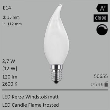  50655 - 2,7W=12W LED Kerze Windstoss matt E14 120Lm 360 Ra>90 2600K dimmbar  10.55USD - 11.74USD  