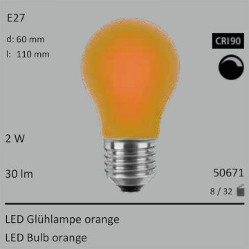  50671 - 2W Segula LED Glas Glhlampe orange E27 30Lm 360 Ra>90 dimmbar  2312.25JPY - 2534.32JPY  