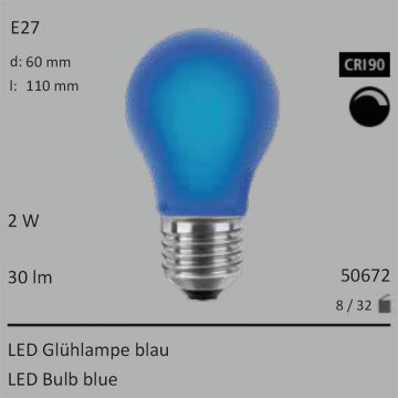  50672 - 2W Segula LED Glas Glhlampe blau E27 30Lm 360 Ra>90 dimmbar  11.54GBP - 12.65GBP  