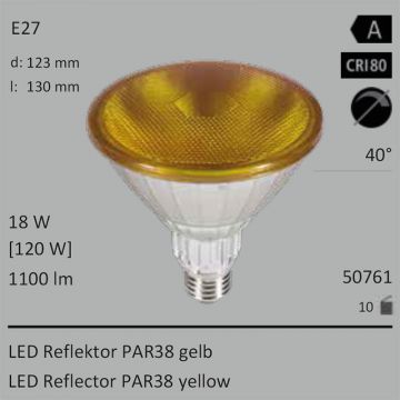  50761 - 18W=120W SEGULA LED PAR38 Reflektor gelb E27 40 1100Lm IP65 Ra>80  19.56USD - 21.75USD  
