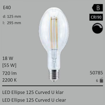  50785 - 18W=55W Segula LED Ellipse 125 Curved U klar E40 720Lm CRI90 2200K dimmbar  66.09USD - 69.60USD  
