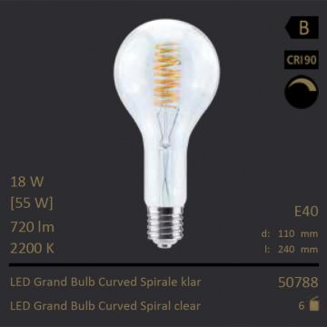  50788 - 18W=55W Segula LED Grand Bulb Curved Spirale klar E40 720Lm CRI90 2200K dimmbar  66.09USD - 69.60USD  