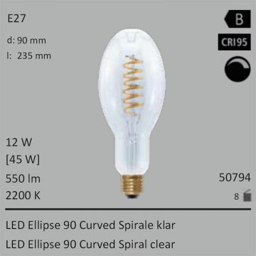  50794 - 12W=45W Segula LED Ellipse 90 Curved Spirale klar E27 550Lm CRI95 2200K dimmbar  51.71USD - 54.45USD  