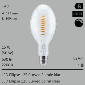  50795 - 15W=50W Segula LED Ellipse 125 Curved Spirale klar E40 630Lm CRI95 2200K dimmbar  51.95GBP - 54.70GBP  