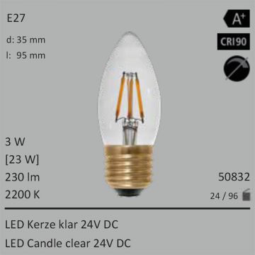  50832 - 3W=23W Segula LED Kerze klar 24VDC E27 230Lm 360 Ra>90 2200K  3042.88JPY - 3383.62JPY  