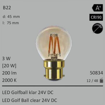  50834 - 3W=20W Segula LED Golfball klar 24VDC B22 200Lm 360 Ra>90 2000K  15.11GBP - 16.81GBP  