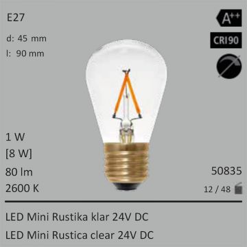  50835 - 1W=8W Segula LED Mini Rustika klar 24VDC E27 80Lm 360 Ra>90 2600K  15.16GBP - 16.86GBP  