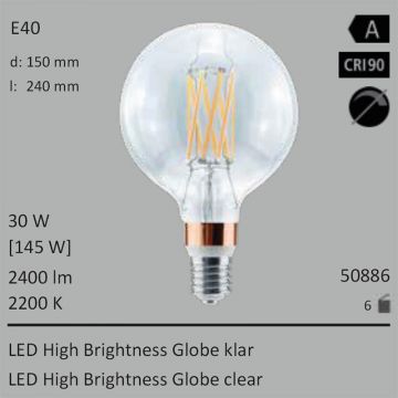  50886 - 30W=145W Segula LED High Brightness Globe 150 klar E40 2400Lm 360 Ra>90 2200K  56.97GBP - 63.31GBP  