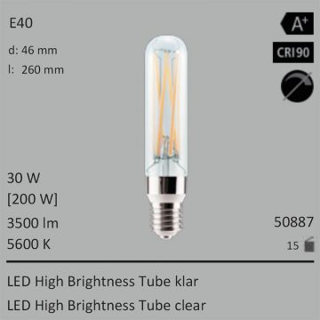  50887 - 30W=200W Segula LED High Brightness Tube klar E40 3500Lm CRI90 5600K  11318.11JPY - 12576.61JPY  