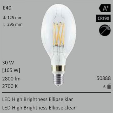  50888 - 30W=165W Segula LED High Brightness Ellipse klar E40 2800Lm CRI90 2700K  56.80GBP - 63.11GBP  