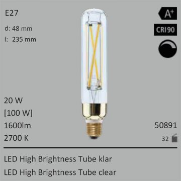  50891 - 20W=100W Segula LED High Brightness Tube klar E27 1600Lm CRI90 2700K dimmbar  62.62USD - 69.60USD  