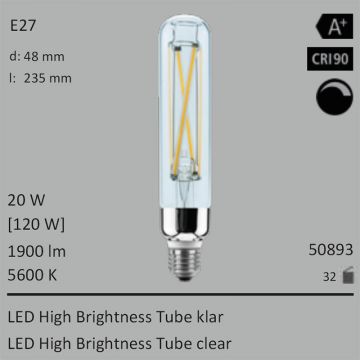 50893 - 20W=120W Segula LED High Brightness Tube klar E27 1900Lm CRI90 5600K dimmbar  49.37GBP - 54.87GBP  