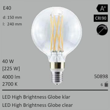  50898 - 40W=225W Segula LED High Brightness Globe 150 klar E40 4000Lm 360 Ra>90 2700K  96.12USD - 106.81USD  