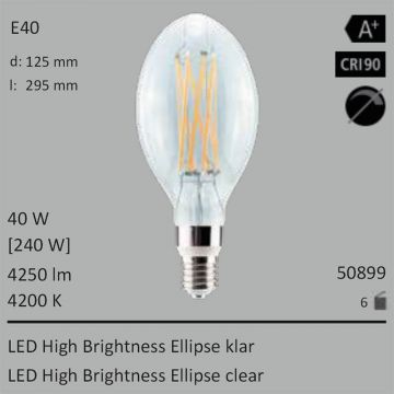  50899 - 40W=240W Segula LED High Brightness Ellipse klar E40 4250Lm CRI90 4200K  96.37USD - 107.09USD  