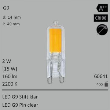  60641 - 2W=15W Segula LED G9 Stift klar 160Lm 360 Ra>90 2200K  6.69USD - 7.44USD  