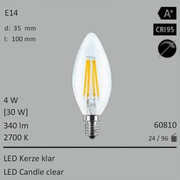  60810 - 4W=30W LED Kerze klar E14 340Lm 360 Ra>95 2700K  6.80GBP - 7.56GBP  
