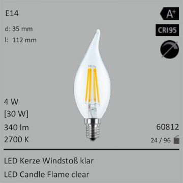  60812 - 4W=30W LED Kerze Windstoss klar E14 340Lm 360 Ra>95 2700K  8.62USD - 9.59USD  