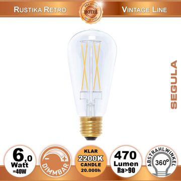  50298 - 6W=40W LED Rustika Long Style klar dimmbar klar E27 470Lm 360 Ra>90 2200K candlelight  19.56USD - 21.75USD  