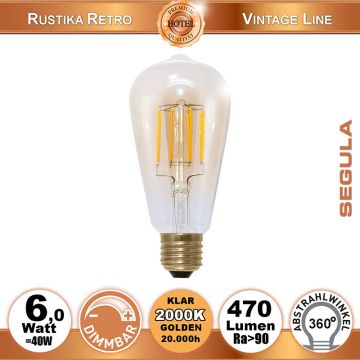  50296 - 6W=40W LED Rustika Golden Glas Glhfadenbirne dimmbar klar E27 470Lm 360 Ra>90 2000K  15.28GBP - 16.99GBP  
